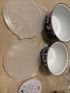Brand New Golden Rabbit Cobalt Swirl Ceramic Bowls with Clear Lids - Set of 2